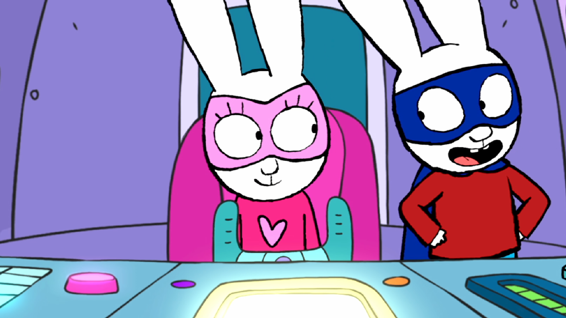 Super-Lou und Superhase befinden sich in Super-Ferdis Mega-Roboter. Super-Lou sitzt auf dem Steuersitz und schaut neugierig zu Superhase herüber. Vor Super-Lou befinden sich der Lenkhebel und das Bedienfeld des Roboters. Superhase schaut freudig auffordernd und mit offenem Mund zu Super-Lou herüber.