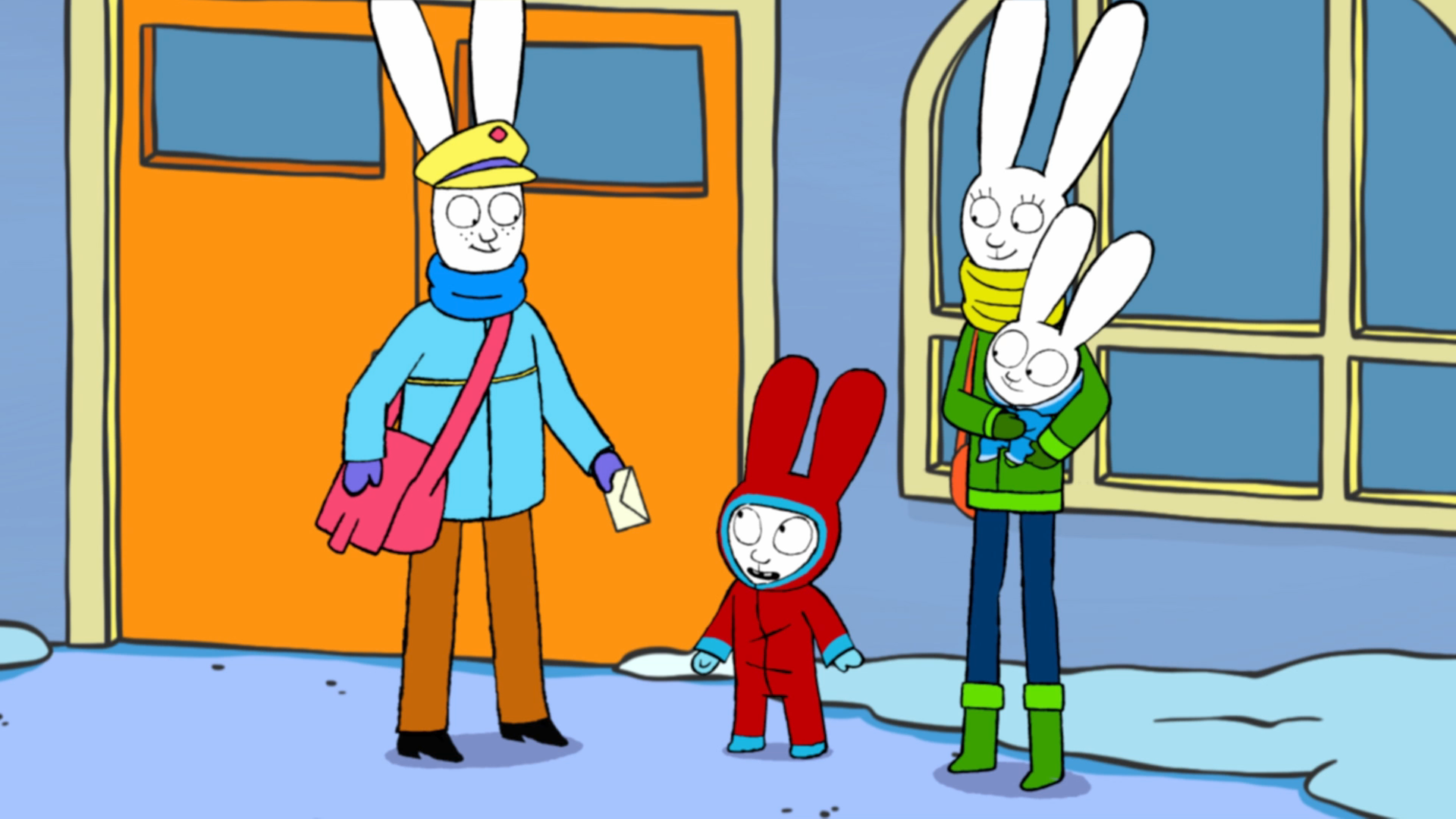 Simon steht mit Mama, die Franz auf dem Arm hält, vor dem Postgeschäft, neben dem Postboten. Der Postbote hat seine Brieftasche umgehängt und hält einen Brief in seiner Hand. Der Postbote schaut freundlich zu Simon, Mama und Franz. Es hat geschneit und alle sind winterlich angezogen.