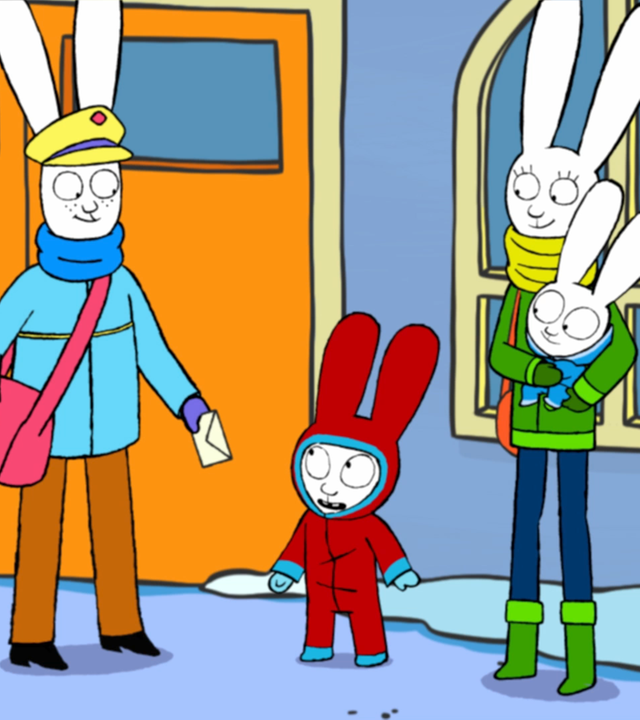 Simon steht mit Mama, die Franz auf dem Arm hält, vor dem Postgeschäft, neben dem Postboten. Der Postbote hat seine Brieftasche umgehängt und hält einen Brief in seiner Hand. Der Postbote schaut freundlich zu Simon, Mama und Franz. Es hat geschneit und alle sind winterlich angezogen.