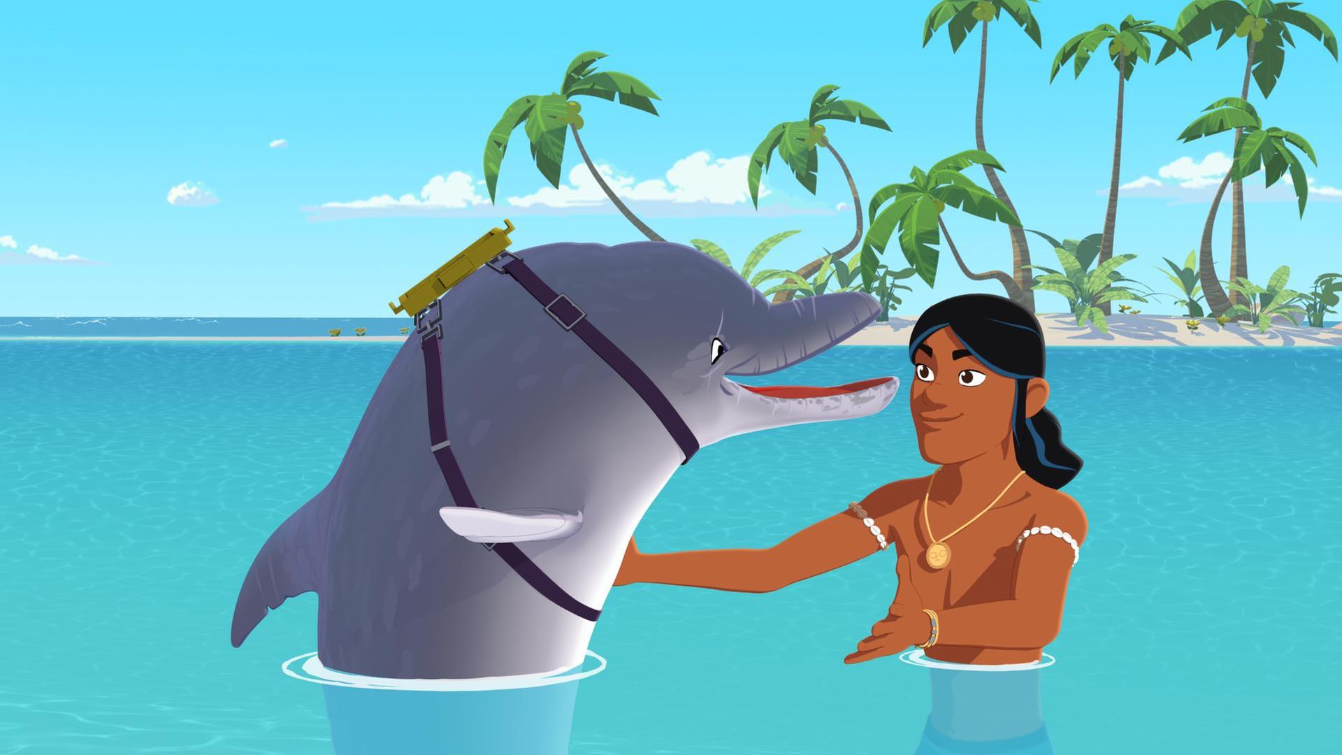 Auru freut sich, dass sein alter Freund Delfin Igor wieder da ist und streckt seine Arme aus, um ihn zu umarmen. Sie schwimmen im Meer vor der Insel.