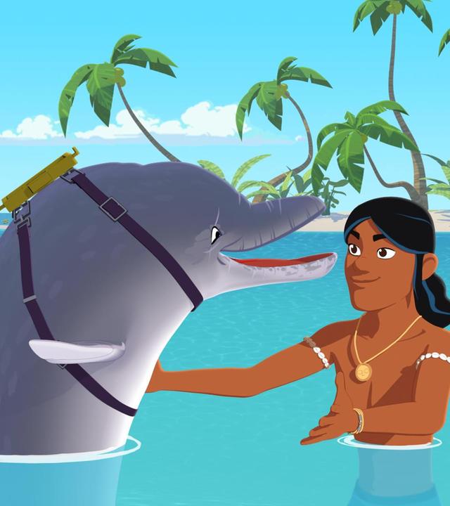 Auru freut sich, dass sein alter Freund Delfin Igor wieder da ist und streckt seine Arme aus, um ihn zu umarmen. Sie schwimmen im Meer vor der Insel.