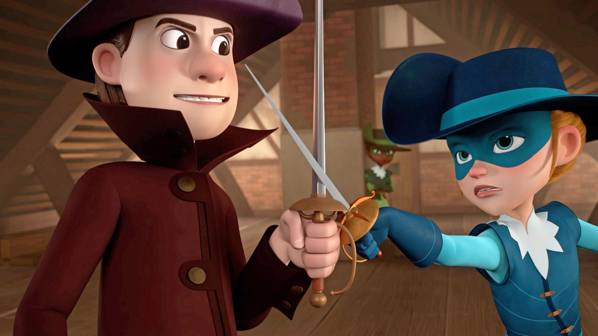 Athos und Alfred stehen einander gegenüber und kreuzen ihre Degen. Während Alfred überlegen lächelt, wirkt Athos' Gesichtsausdruck angespannt.