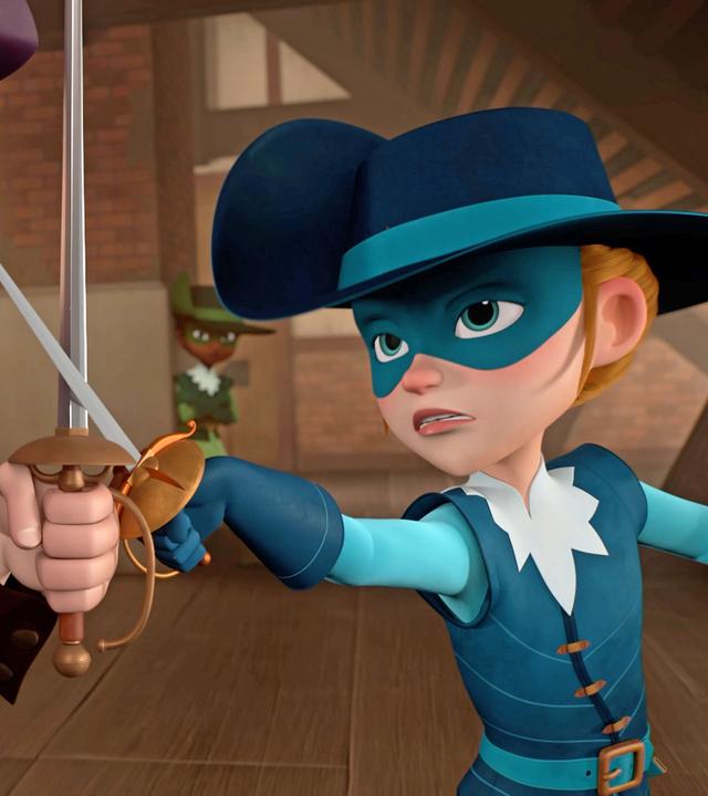 Athos und Alfred stehen einander gegenüber und kreuzen ihre Degen. Während Alfred überlegen lächelt, wirkt Athos' Gesichtsausdruck angespannt.