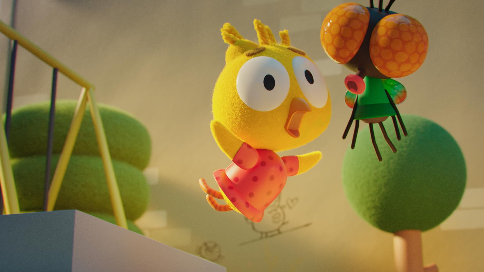 Das Küken Karla schwebt auf kleiner Distanz in der Luft, aber befindet sich im Fall. Dabei schreit sie und hat die Augen weit aufgerissen. Rechts neben ihr fliegt Fliege Brumm, die sie erschrocken ansieht. Im Hintergrund stehen Bäume und eine Schaukel.