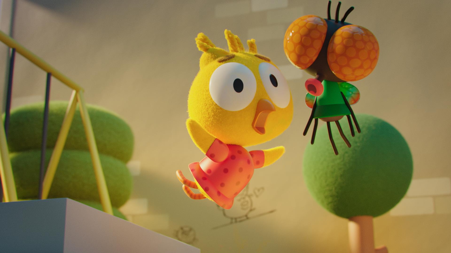 Das Küken Karla schwebt auf kleiner Distanz in der Luft, aber befindet sich im Fall. Dabei schreit sie und hat die Augen weit aufgerissen. Rechts neben ihr fliegt Fliege Brumm, die sie erschrocken ansieht. Im Hintergrund stehen Bäume und eine Schaukel.