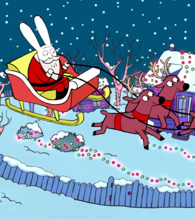 Der Weihnachtsmann fliegt mit seinem Schlitten und seinen vier Rentieren über das mit Lichterketten beleuchtete schneebedeckte Haus von Simons Familie. Vom Himmel fallen Schneeflocken und ein Halbmond schlummert auf einer Wolke.