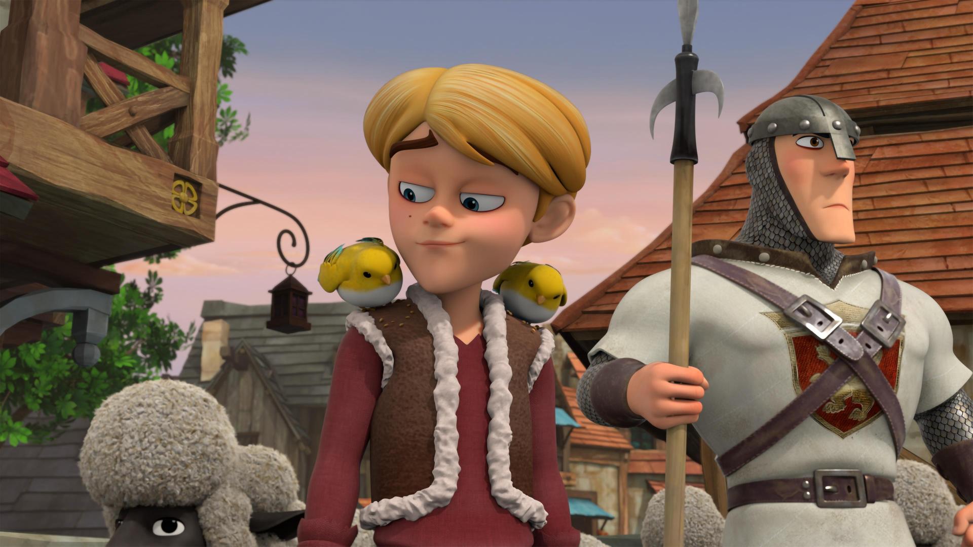 Prinz John läuft, flankiert von einem Wachmann, mit einer Schafherde durchs Dorf. Er selbst trägt statt seiner sonst königlichen Kleidung über seinem Pullover eine Schaffellweste. Auf seinen Schultern sitzen rechts und links Vögelchen. Zu dem auf seiner rechten Schulter blickt er.