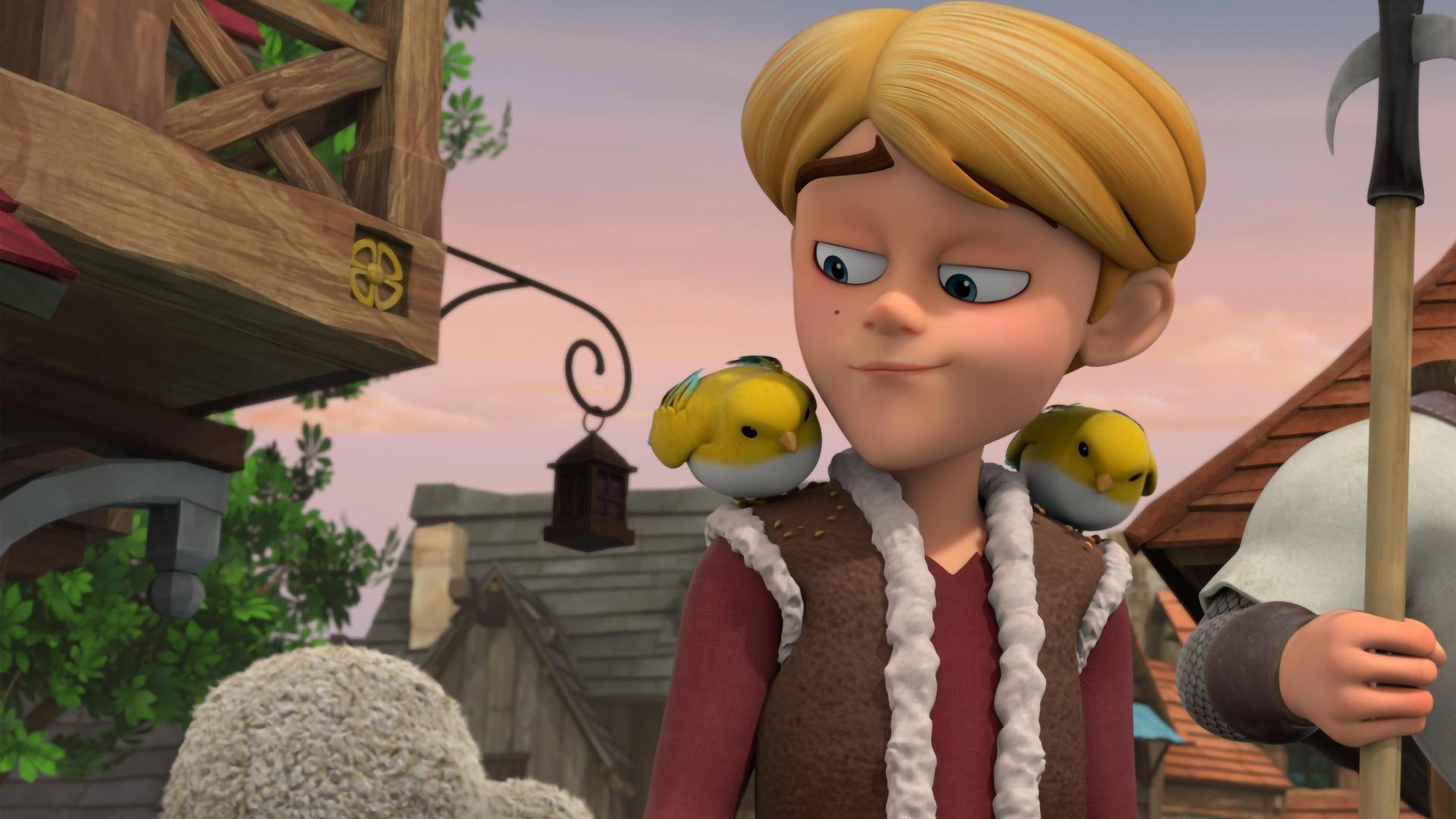 Prinz John läuft, flankiert von einem Wachmann, mit einer Schafherde durchs Dorf. Er selbst trägt statt seiner sonst königlichen Kleidung über seinem Pullover eine Schaffellweste. Auf seinen Schultern sitzen rechts und links Vögelchen. Zu dem auf seiner rechten Schulter blickt er.