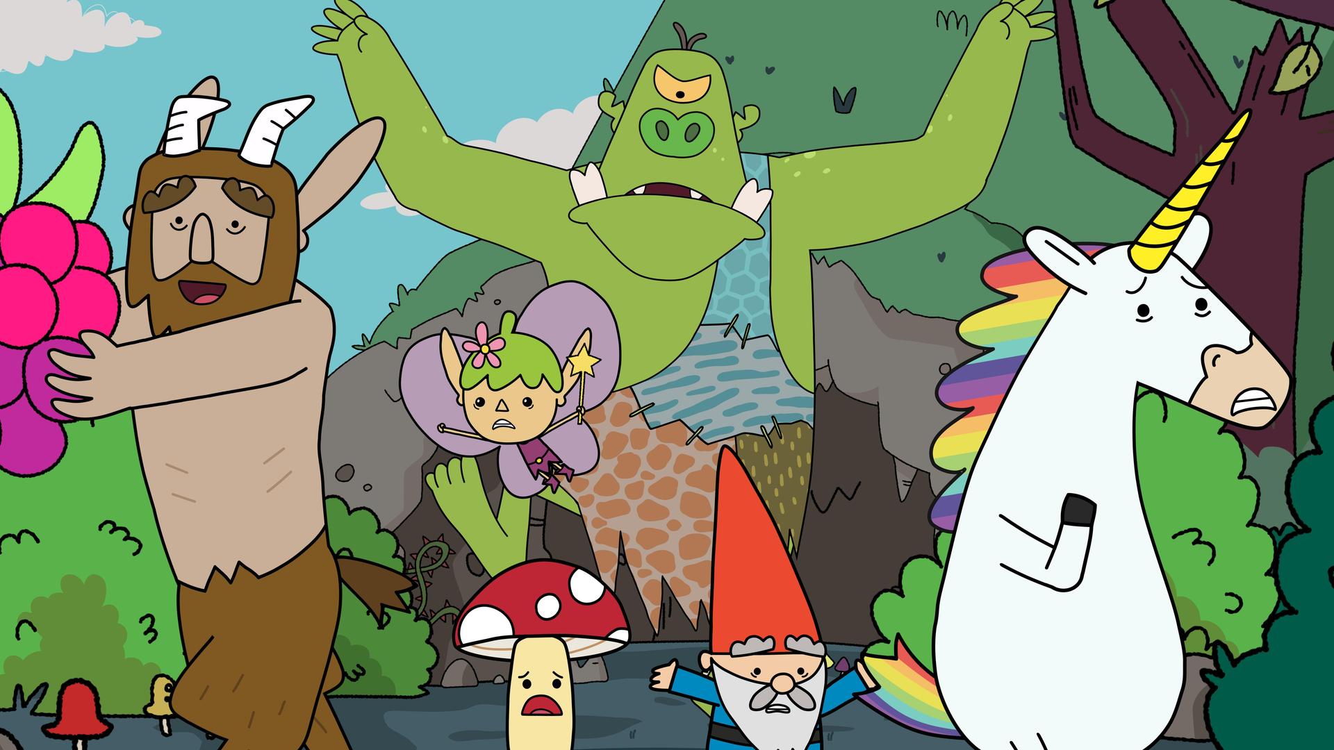 Vor einer Höhle verfolgt der wütende Sumpfklop - ein grünes Wesen mit nur einem Auge und zwei herausstehenden unteren Zähnen - mit erhobenen Armen die fünf Helden. Am schnellsten ist Hufius, der eine große Himbeere glücklich lachend in seinen Händen trägt. Mit panischem Blick fliehen Twinkle, Tupfen, Herbert und Blümchen vor dem aufgebrachten Sumpfklop.