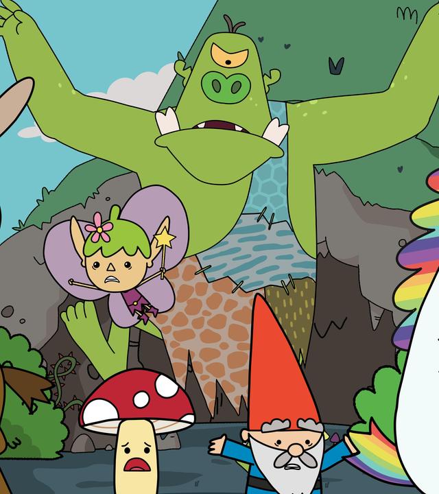 Vor einer Höhle verfolgt der wütende Sumpfklop - ein grünes Wesen mit nur einem Auge und zwei herausstehenden unteren Zähnen - mit erhobenen Armen die fünf Helden. Am schnellsten ist Hufius, der eine große Himbeere glücklich lachend in seinen Händen trägt. Mit panischem Blick fliehen Twinkle, Tupfen, Herbert und Blümchen vor dem aufgebrachten Sumpfklop.