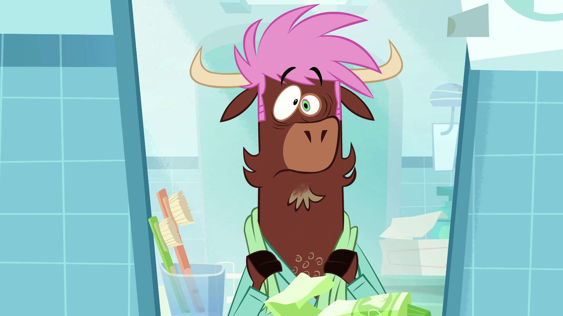 Sherlock Yacks Haarfärbeaktion ist mächtig daneben gegangen. Er betrachtet seine pinken Haare erschrocken im Spiegel.