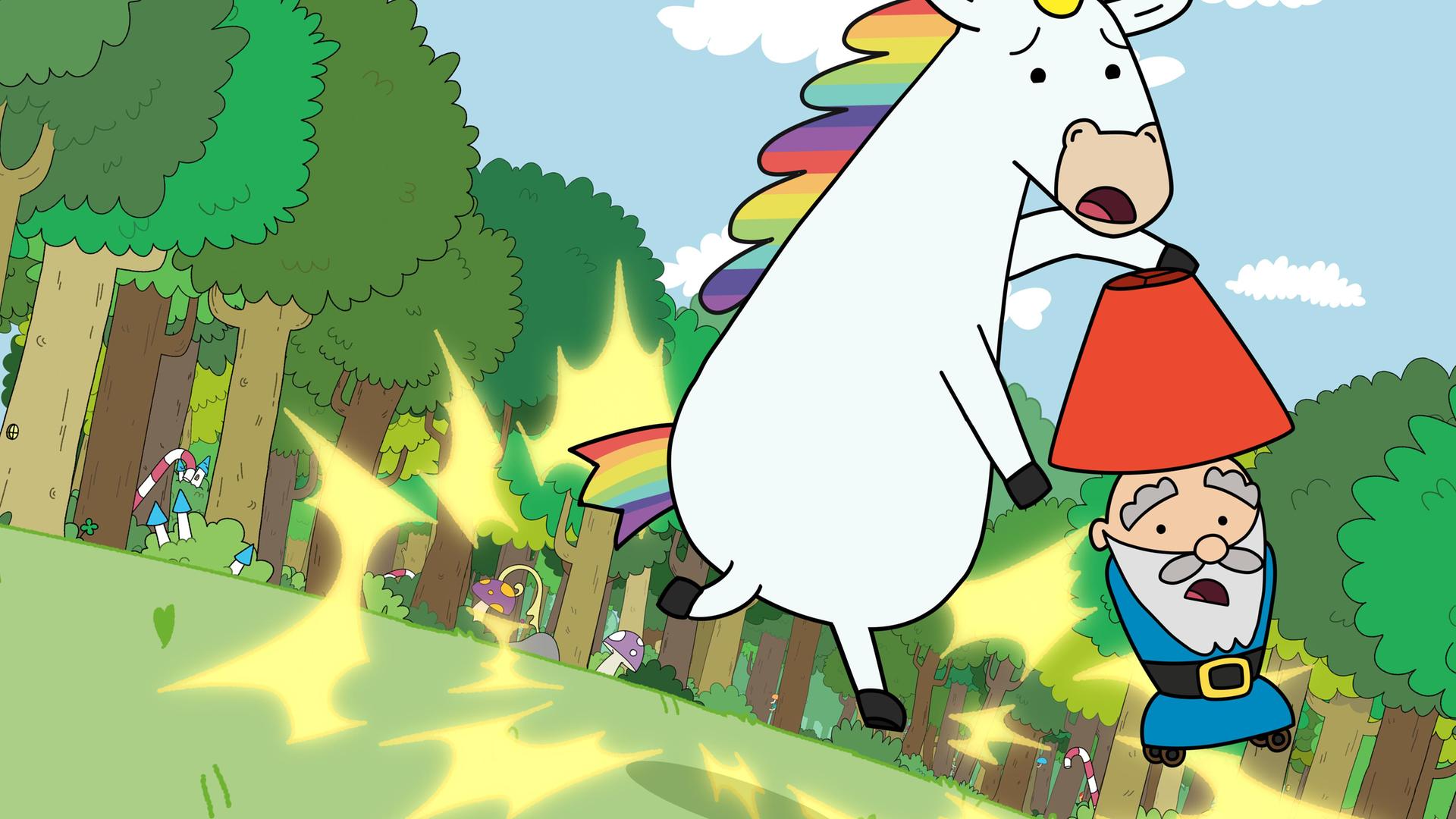 Auf einer großen Lichtung im Wald schweben Blümchen und Herbert mit verschreckten Gesichtsausdrücken etwas über der Wiese. Auf Herberts Kopf ist - statt der roten Zipfelmütze - ein roter Lampenschirm. Statt Beine hat er Rollen und seine Arme sind nicht zu sehen. Gelbe Effektmuster zeigen an, dass gerade ein Zauber stattfindet.