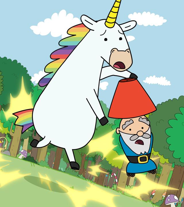 Auf einer großen Lichtung im Wald schweben Blümchen und Herbert mit verschreckten Gesichtsausdrücken etwas über der Wiese. Auf Herberts Kopf ist - statt der roten Zipfelmütze - ein roter Lampenschirm. Statt Beine hat er Rollen und seine Arme sind nicht zu sehen. Gelbe Effektmuster zeigen an, dass gerade ein Zauber stattfindet.