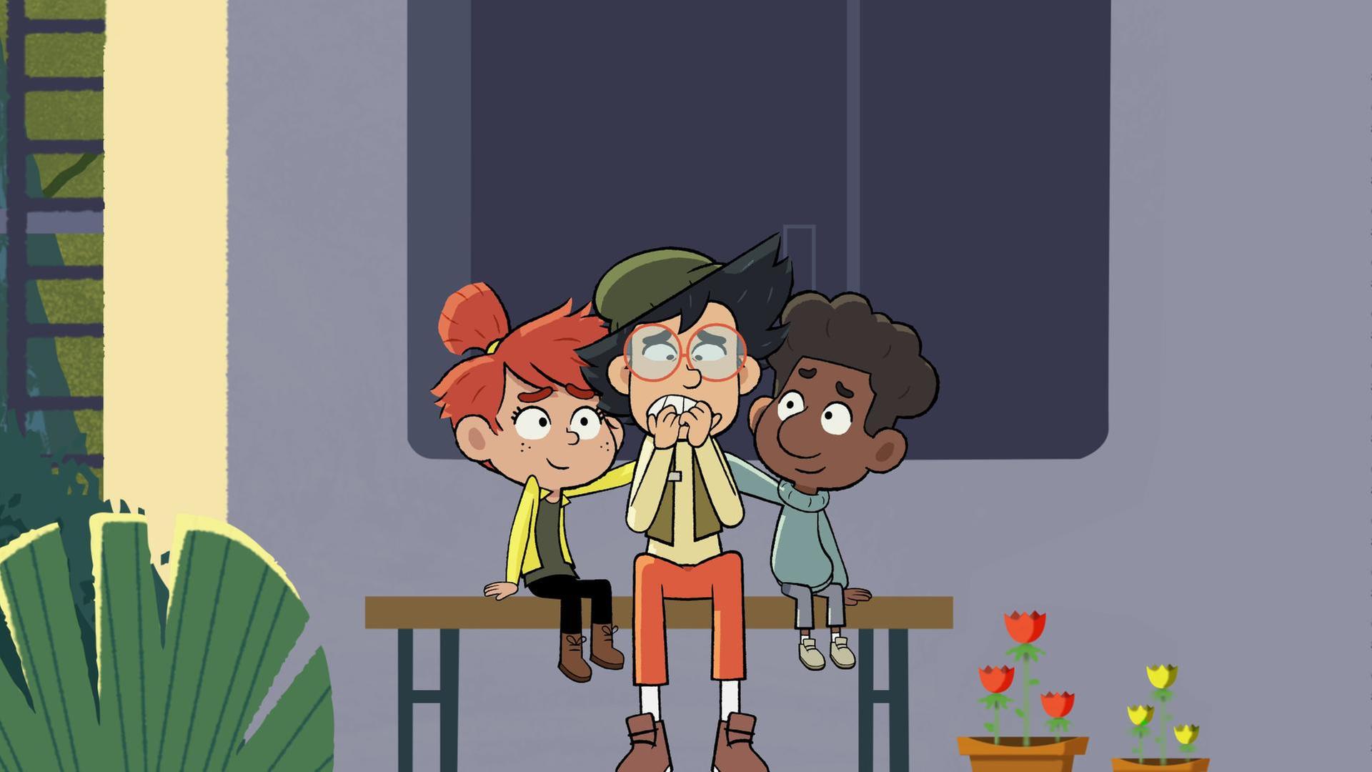 Taylor, Max und Tommy sitzen auf einer Bank. Max hält panisch die Hände vor den Mund. Taylor und Tommy legen beruhigend lächelnd die Hände auf seine Schultern.