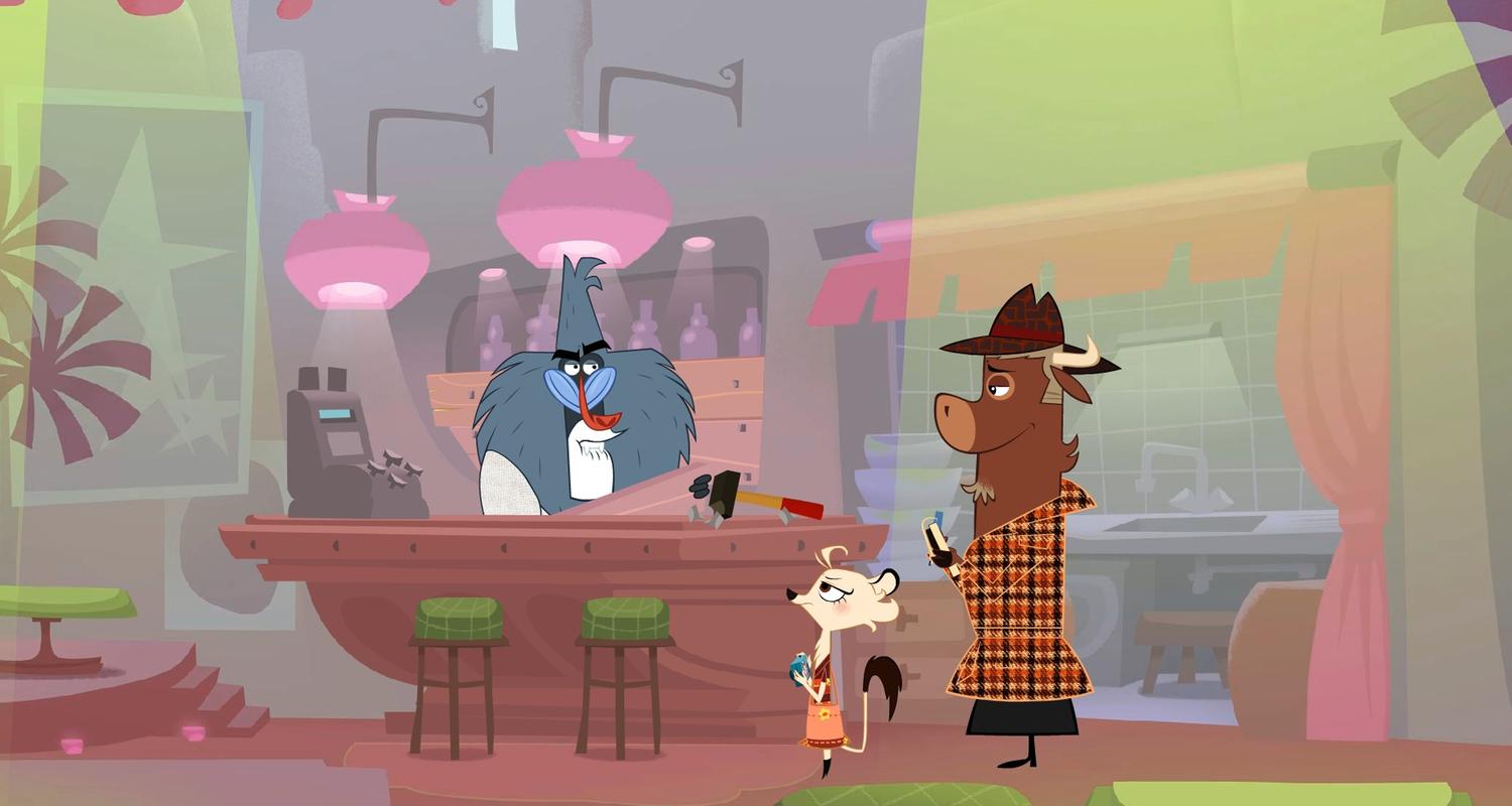 Sherlock Yack (rechts) und Hermione (Mitte) befragen den Pavian in seiner Saftbar. Auf der Theke liegt ein Hammer.