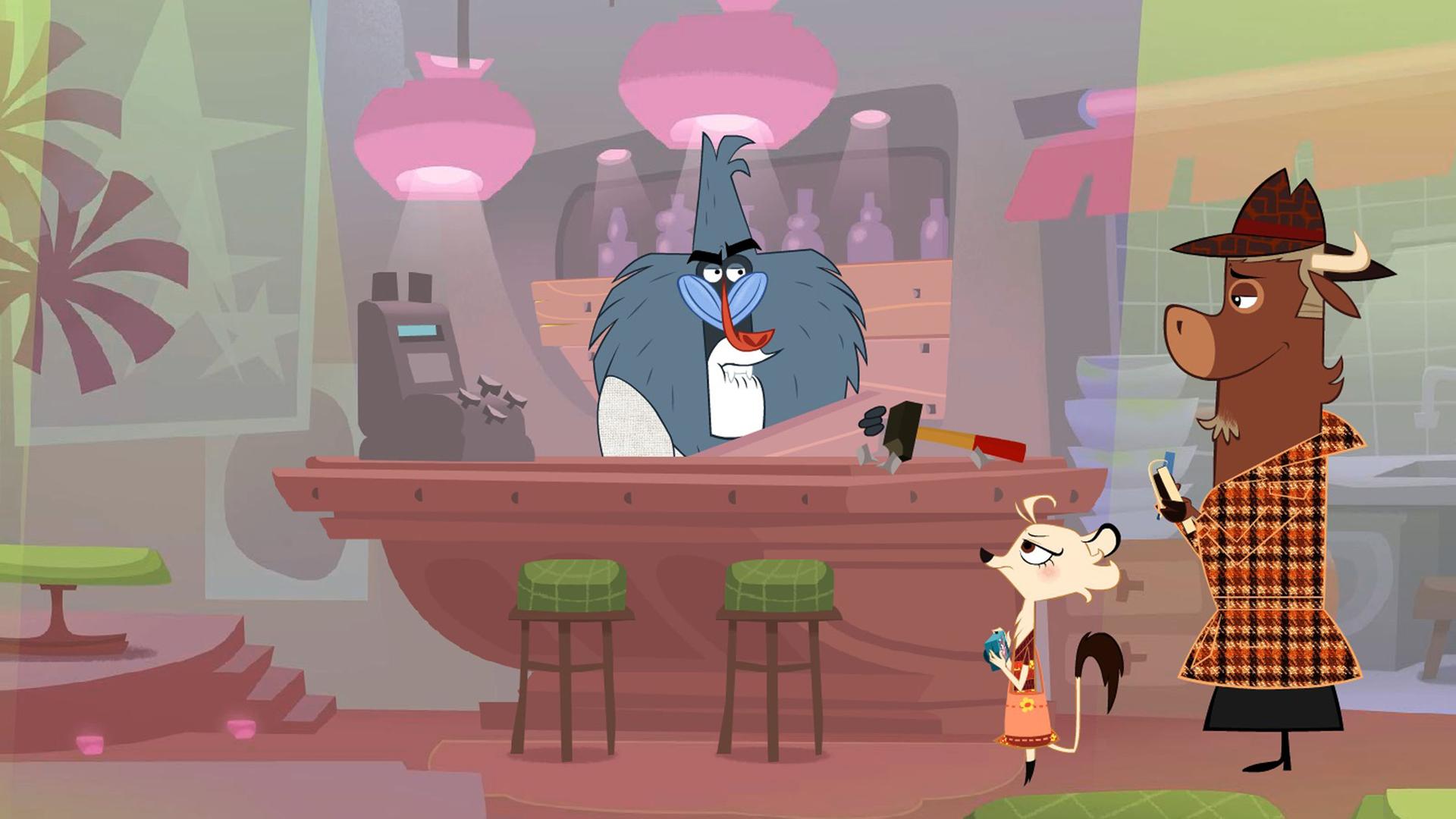 Sherlock Yack und Hermione befragen den Pavian in seiner Saftbar. Auf der Theke liegt ein Hammer.