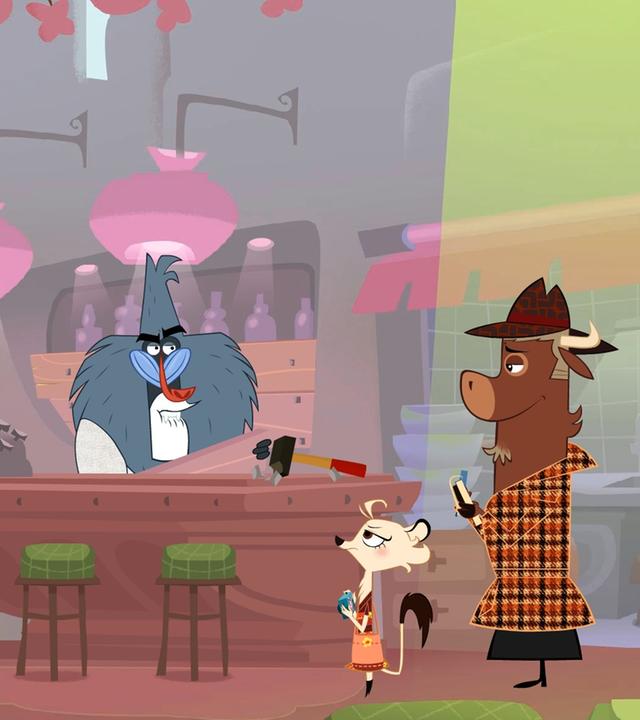 Sherlock Yack (rechts) und Hermione (Mitte) befragen den Pavian in seiner Saftbar. Auf der Theke liegt ein Hammer.