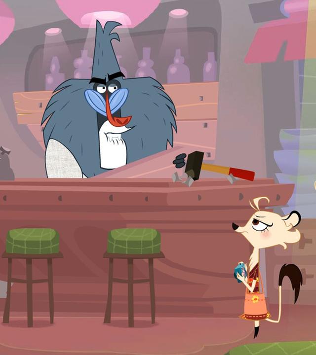 Sherlock Yack und Hermione befragen den Pavian in seiner Saftbar. Auf der Theke liegt ein Hammer.