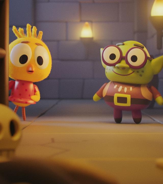 Das Küken Karla und Troll Oggi stehen vor einer offenen Kerkerzelle. Die schwere Gittertür der Zelle steht weit offen. Im Inneren ist es dunkel und auf dem Boden liegen zwei Totenköpfe. Der Hintergrund besteht aus dunklen, groben Steinmauern. Beide blicken in Richtung der Kerkerzelle.