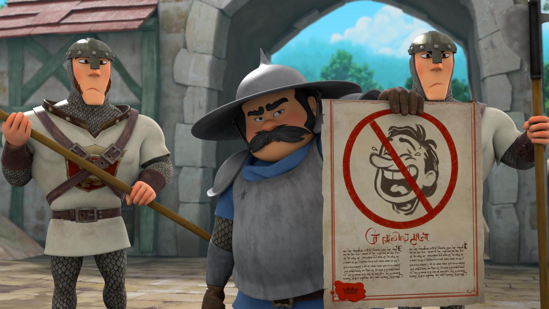 Mit strengem Blick hält der Sheriff ein Plakat in die Höhe. Darauf ist der Kopf eines herzhaft lachendes Mannes. Die Zeichnung ist mit einem roten, durchgestrichenem Verbotsschild und Text bemalt. Flankiert wird der Sheriff von zwei seiner Wachen.