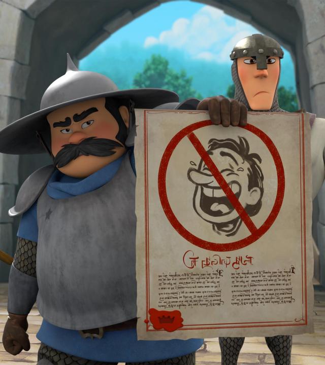 Mit strengem Blick hält der Sheriff ein Plakat in die Höhe. Darauf ist der Kopf eines herzhaft lachendes Mannes. Die Zeichnung ist mit einem roten, durchgestrichenem Verbotsschild und Text bemalt. Flankiert wird der Sheriff von zwei seiner Wachen.