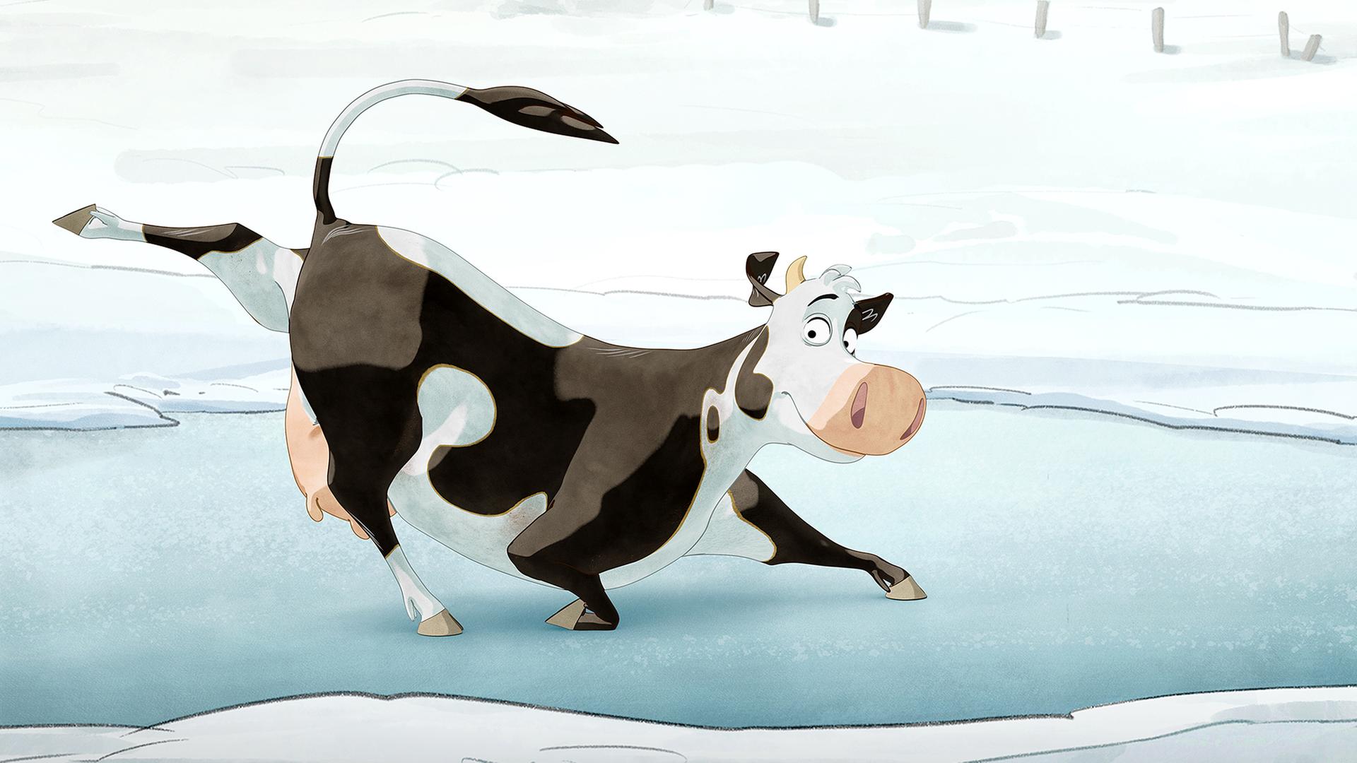 Lieselotte steht auf dem zugefrorenen See und streckt ein Hinterbein in die Höhe.