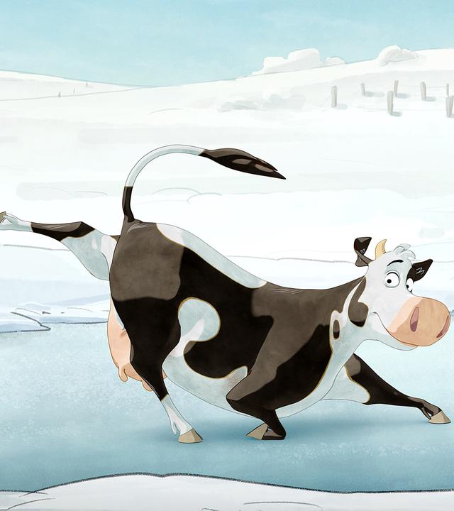 Lieselotte steht auf dem zugefrorenen See und streckt ein Hinterbein in die Höhe.