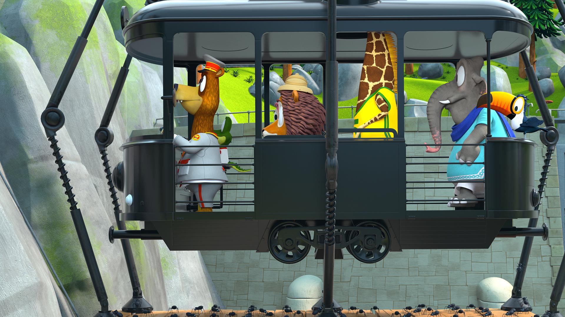 Die Zoobande sitzt in ihrer Bahn, die sich verwandelt hat und nun auf mehreren dünnen Beinen läuft. Unter ihnen ist der ganze Boden voll mit kleinen Spinnen.