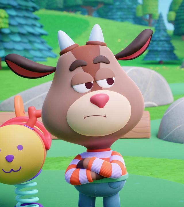 Der Ziegenjunge Kris und das Häschen Rebecca sind auf dem Spielplatz. Sie haben sich verkracht und schauen grimmig drein.