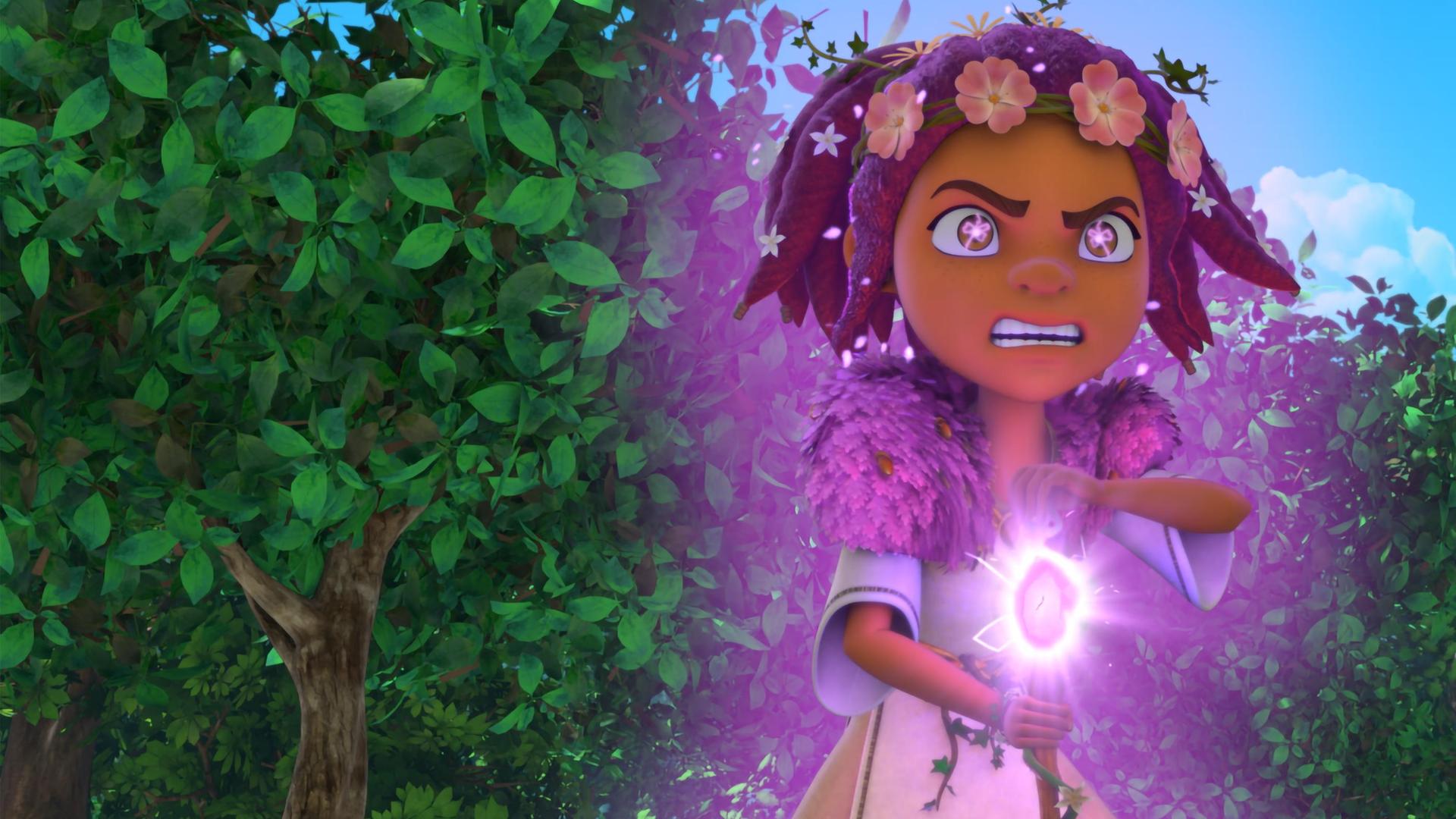  Druidin Katell steht im Wald. Sie sehr zornig nach vorne und hält ihren Druidenstab in der Hand. Der Smaragd ihres Stabs leuchtet lila auf. Auch ihre Augen blitzen lila vor Zorn. Um sie und ihre Gestalt glüht ein lilafarbenes Leuchten.