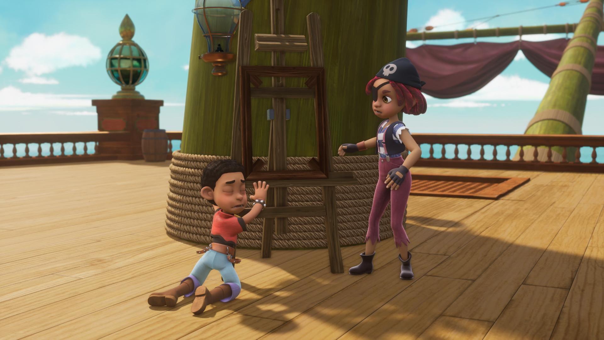 Auf Deck steht eine Staffelei ohne Bild. Finn liegt traurig mit geschlossenen Augen davor. Ella Säbelrost steht ratlos daneben.