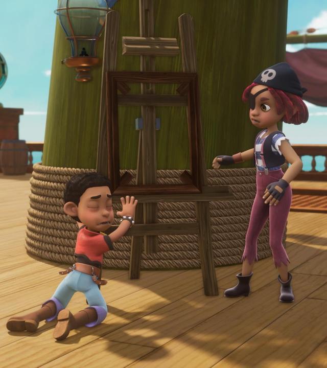 Auf Deck steht eine Staffelei ohne Bild. Finn liegt traurig mit geschlossenen Augen davor. Ella Säbelrost steht ratlos daneben.