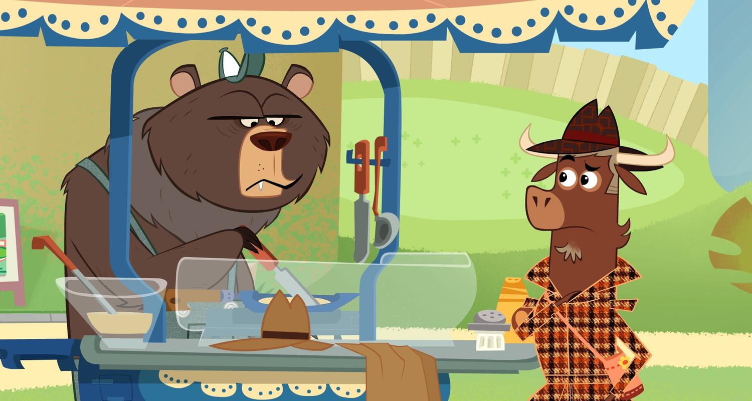 Sherlock Yack (rechts) befragt den Grizzly (rechts). Auf dem Imbisswagen liegen Hut und Mantel des Entführers.