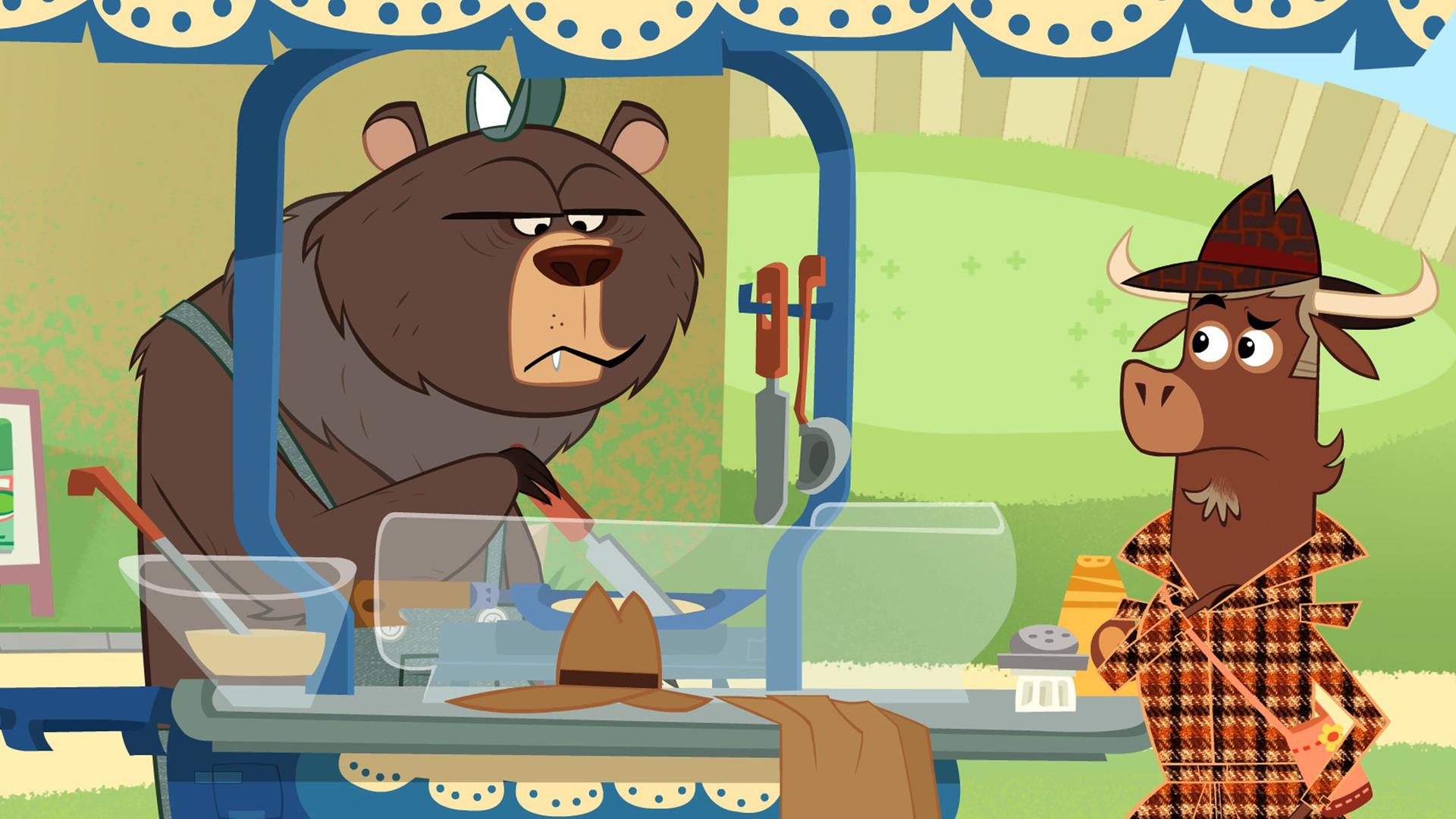 Sherlock Yack befragt den Grizzly. Auf dem Imbisswagen liegen Hut und Mantel des Entführers.