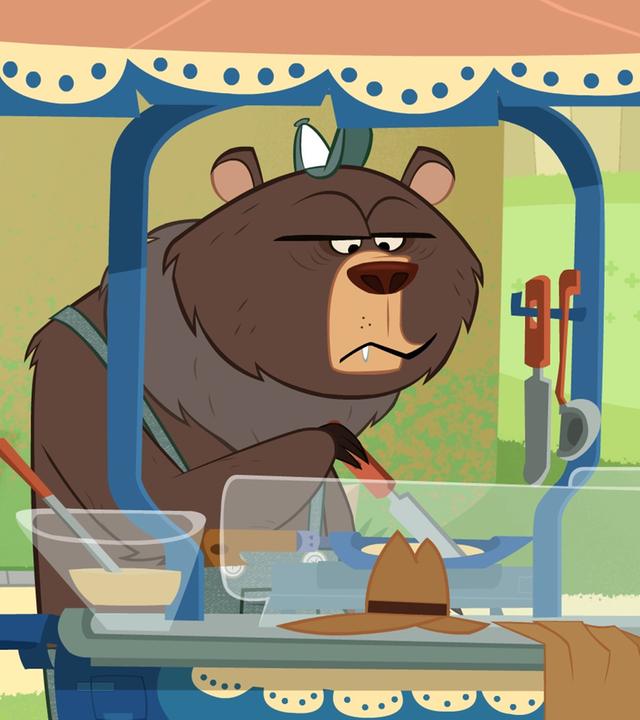 Sherlock Yack (rechts) befragt den Grizzly (rechts). Auf dem Imbisswagen liegen Hut und Mantel des Entführers.