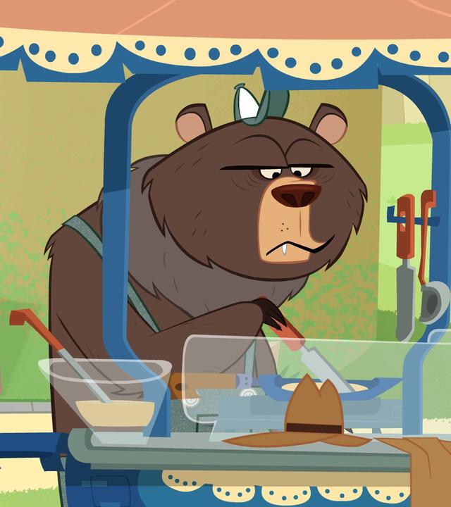 Sherlock Yack befragt den Grizzly. Auf dem Imbisswagen liegen Hut und Mantel des Entführers.