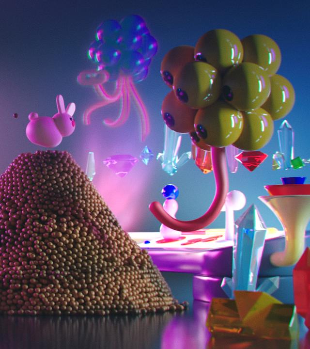 Das Küken Karla steht mitten in einem Raumschiff. Um sie herum schweben zahlreiche Aliens in unterschiedlichsten Farben und Formen. In der Mitte des Raumschiffs türmt sich ein großer Haufen brauner Hasenköttel. Karla schaut neugierig zu den Aliens, die sie umgeben.