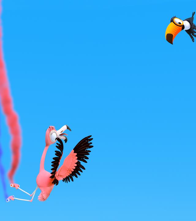 Flamingomädchen Flora fliegt durch die Lüfte und hält dabei mit ihren Füßen zwei Behälter mit Farbe, die einen rosanen und einen lilanen Streifen in die Luft sprühen. Tukan Toni fliegt entschlossen auf sie zu.