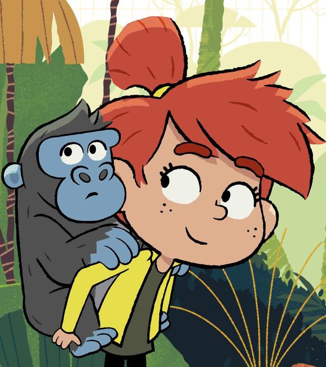 Taylor trägt das Gorilla-Baby auf dem Rücken. Es schaut neugierig zu einem Schmetterling.