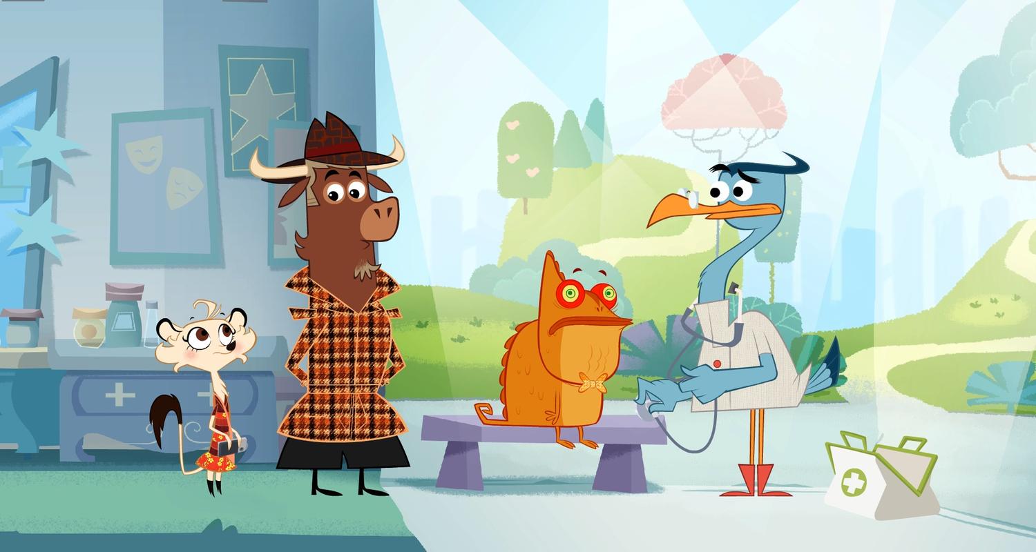 Dr. Schnabelmann versorgt das verwirrte Chamäleon. Sherlock Yack und Hermione stehen daneben.