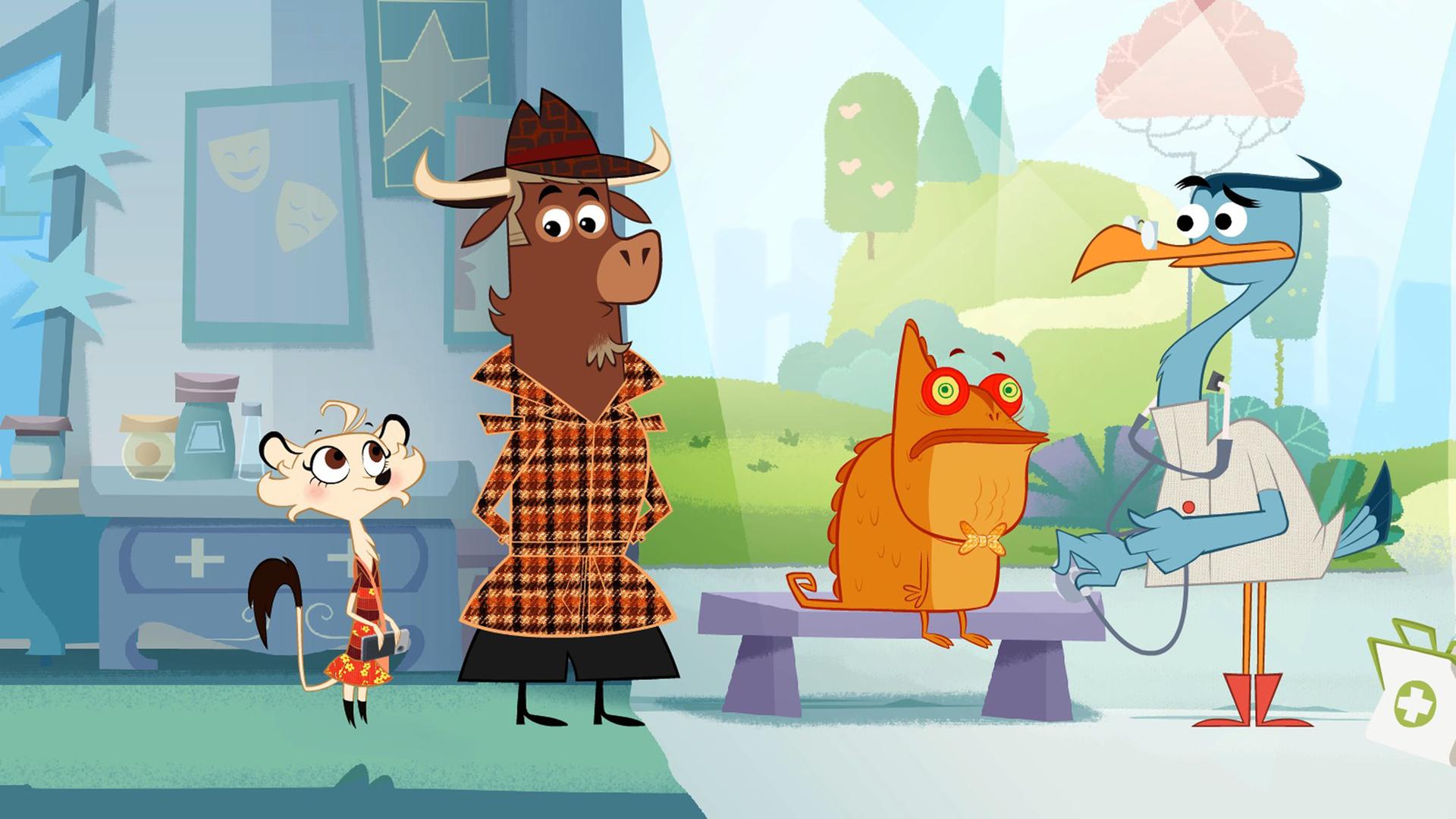 Dr. Schnabelmann versorgt das verwirrte Chamäleon. Sherlock Yack und Hermione stehen daneben.