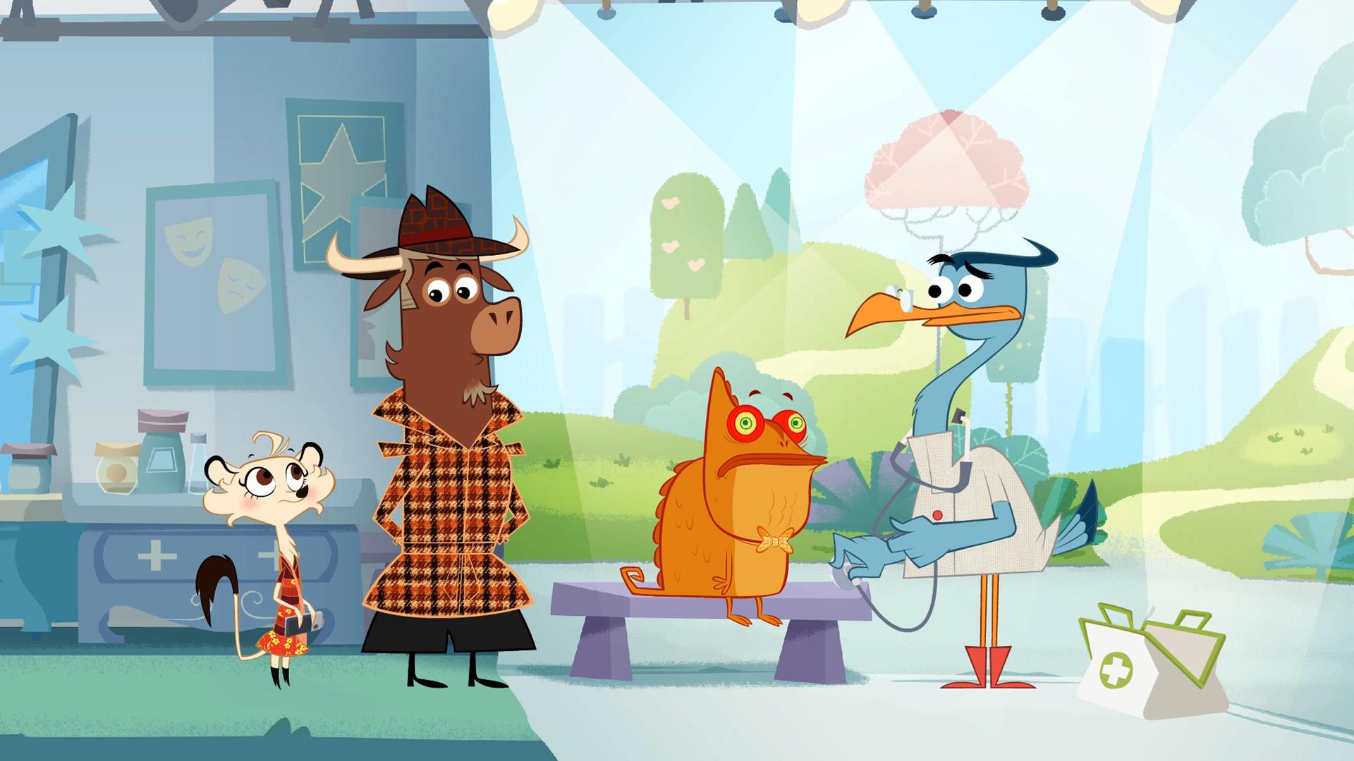 Dr. Schnabelmann versorgt das verwirrte Chamäleon. Sherlock Yack und Hermione stehen daneben.