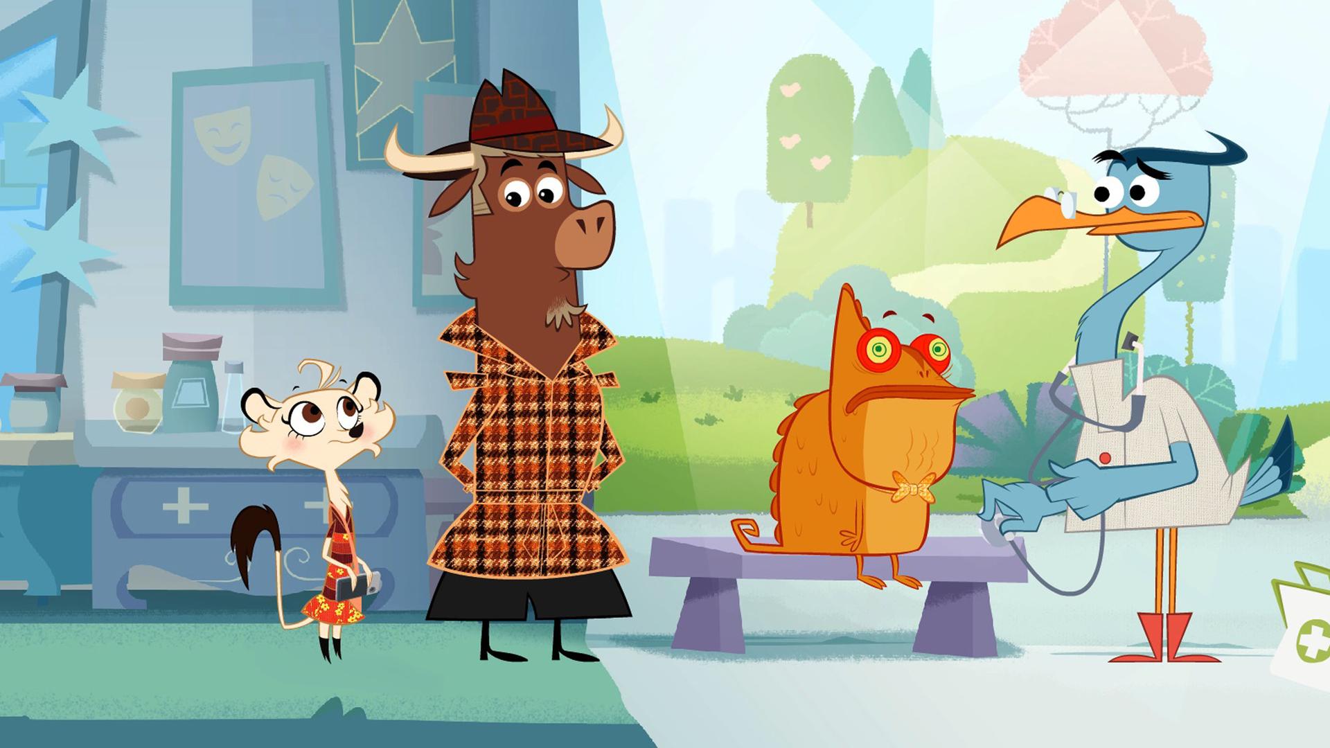 Dr. Schnabelmann versorgt das verwirrte Chamäleon. Sherlock Yack und Hermione stehen daneben.