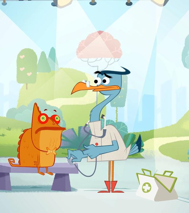 Dr. Schnabelmann versorgt das verwirrte Chamäleon. Sherlock Yack und Hermione stehen daneben.