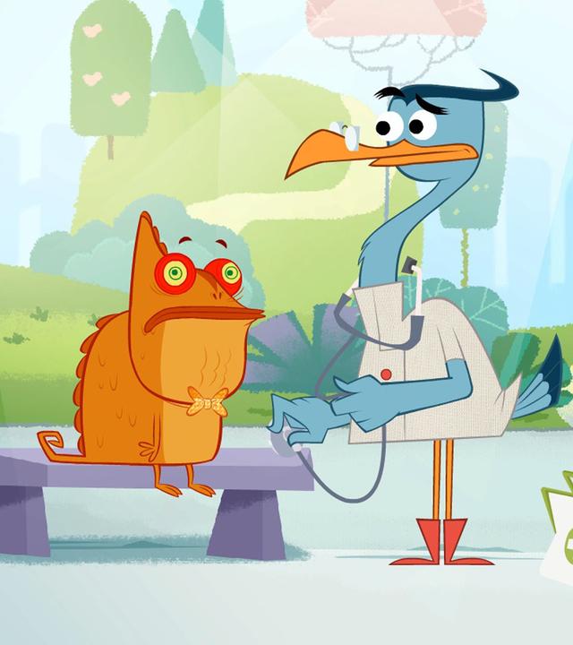 Dr. Schnabelmann versorgt das verwirrte Chamäleon. Sherlock Yack und Hermione stehen daneben.