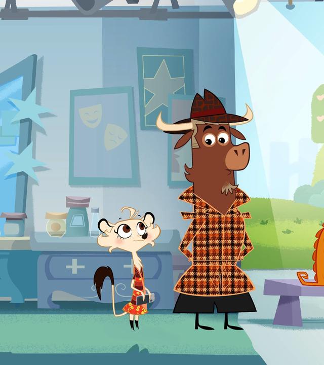 Dr. Schnabelmann versorgt das verwirrte Chamäleon. Sherlock Yack und Hermione stehen daneben.