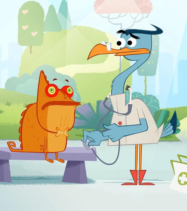 Dr. Schnabelmann versorgt das verwirrte Chamäleon. Sherlock Yack und Hermione stehen daneben.