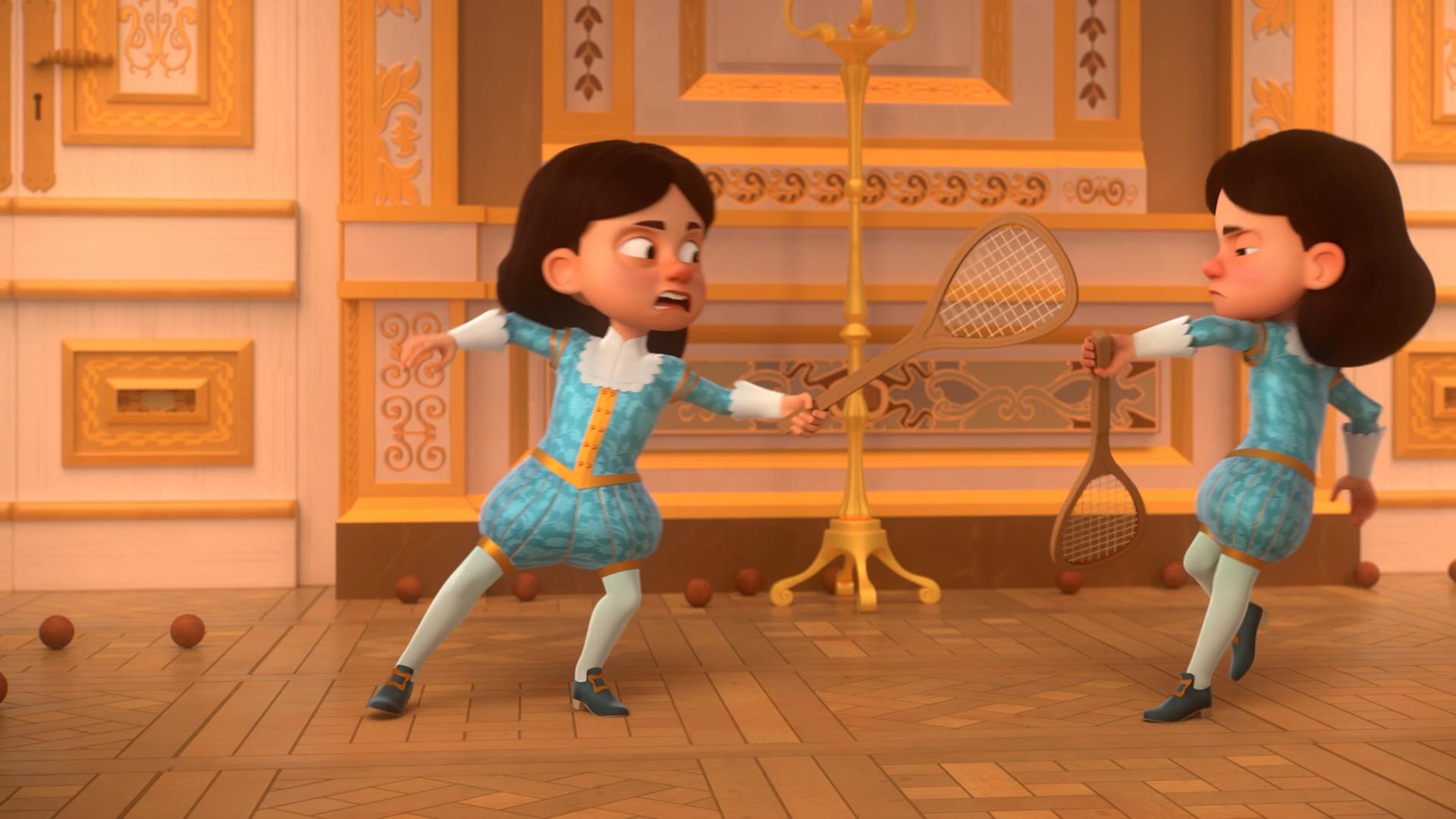 In den Sälen des Palastes: König Louis XIII streckt mit der linken Hand einen Tennisschläger in Richtung des Betrügers, der ihm zum Verwechseln ähnlich sieht. Dieser hält abwehrend seinen linken Arm entgegen, in dem sich ebenfalls ein Tennisschläger befindet, Um sie herum liegen etliche Tennisbälle.