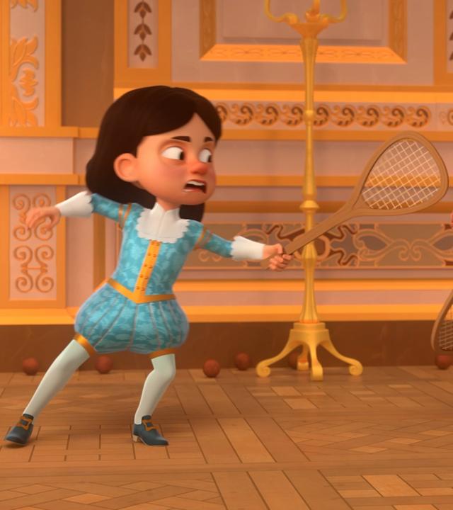 In den Sälen des Palastes: König Louis XIII streckt mit der linken Hand einen Tennisschläger in Richtung des Betrügers, der ihm zum Verwechseln ähnlich sieht. Dieser hält abwehrend seinen linken Arm entgegen, in dem sich ebenfalls ein Tennisschläger befindet, Um sie herum liegen etliche Tennisbälle.