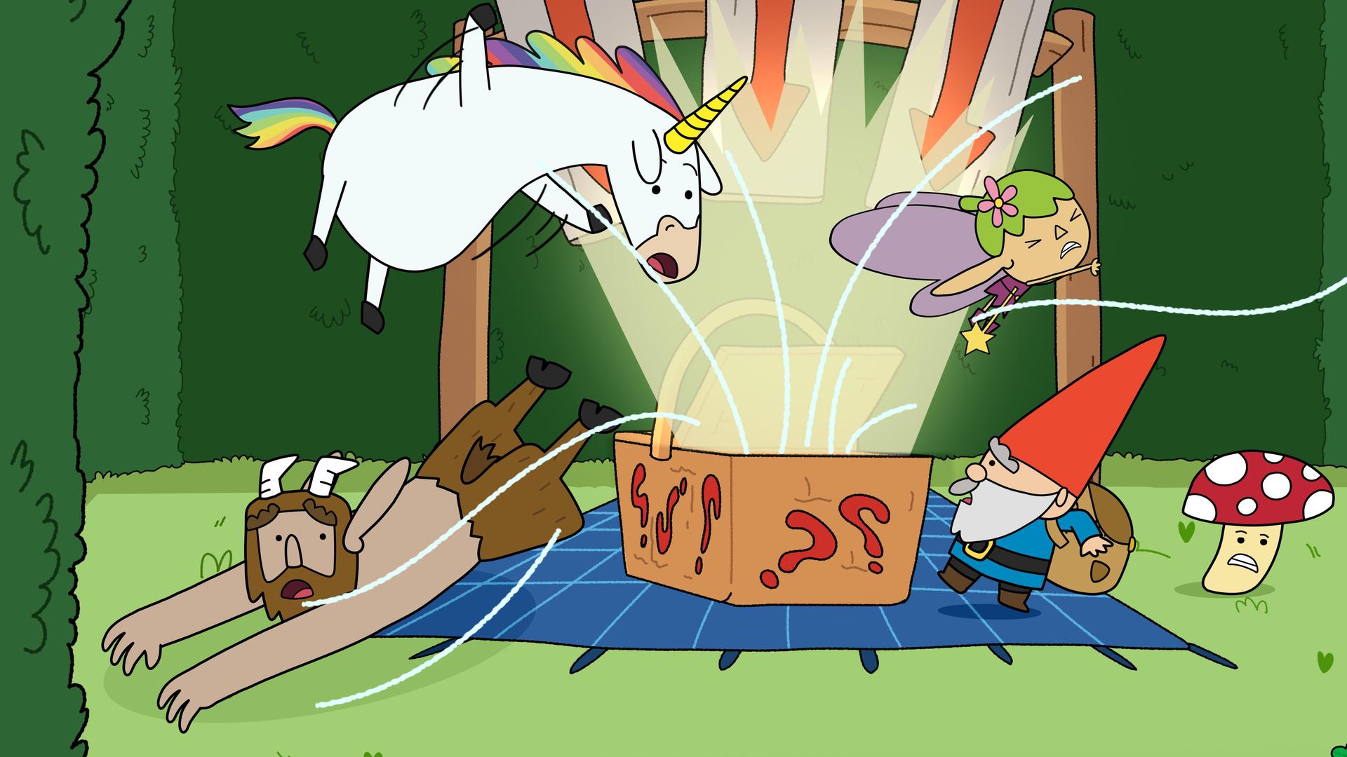 Auf einer Wiese inmitten von grünen Hecken, angelegt zu einem Irrgarten, liegt ein blauer Teppich, auf dem eine offene Kiste steht, die mit Fragezeichen bemalt ist. Aus der Kiste strahlt helles Licht, das eine Saugwirkung hat. Hufius, Blümchen und Twinkle fliegen in Richtung Kiste. Herbert steht bereits wackelig auf einem Bein, und Tupfen wehrt sich mit aller Körperkraft gegen den Sog.